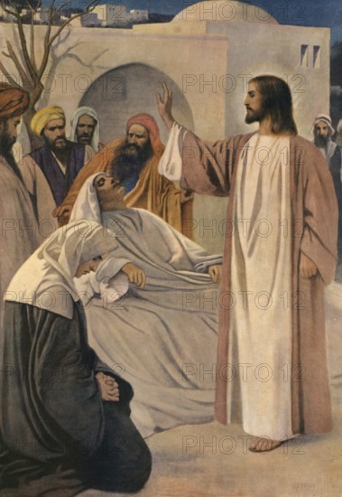 Scene from the biblical story, The Widow's Son, story from the Gospel of Luke in which Jesus raises a young man from death in the city of Nain, authentic reproduction of a school mural, historical, around 1900, Jesus blesses and heals a seated sick person surrounded by thoughtful disciples, spreading hope