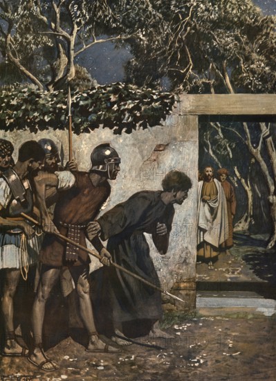 Scene from the biblical story, betrayal and capture of Jesus, authentic reproduction of a school mural, historical, around 1900, a group of soldiers approaching a person, dramatic and tense atmosphere