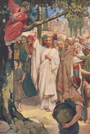 Scene from the biblical story, Zacchaeus lived in Jericho and was a chief tax collector. In this position, he collected taxes for the Roman occupying power and was regarded by his fellow Jews as an impostor and sinner, authentic reproduction of a school mural, historical, around 1900, Jesus in the midst of a crowd, talking to a man in a tree, curious onlookers