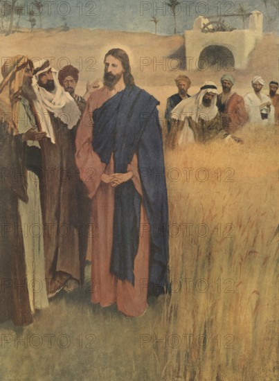 Scene from the biblical story, Jesus walking through the cornfields, authentic reproduction of a school mural, historical, around 1900, Jesus and his disciples walking through a cornfield, conversations with a spiritual focus