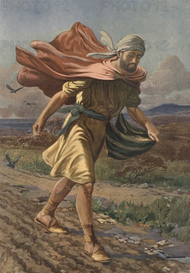 Scene from the biblical story, The Sower, refers to the biblical parable of Jesus of the Sower, authentic reproduction of a school mural, historical, around 1900, A sower sprinkles seeds in a field while the wind blows his cloak