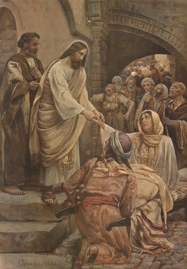 Scene from the biblical story, Wonderful healer, often used as a description for Jesus Christ or God. It refers to the ability and will of God to heal both physical and emotional ailments., authentic reproduction of a school mural, historical, around 1900, Jesus heals a man surrounded by a crowd. An expression of compassion in an ancient setting