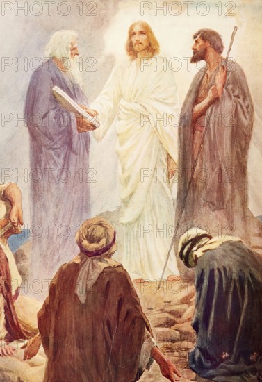 Scene from the biblical story, transfiguration, transfiguration, in the Bible is the event in which Jesus appeared in front of the apostles Peter, James and John on a mountain in brilliant light, authentic reproduction of a school mural, historical, around 1900, Jesus standing with disciples in holy robes and a peaceful atmosphere, blessed presence