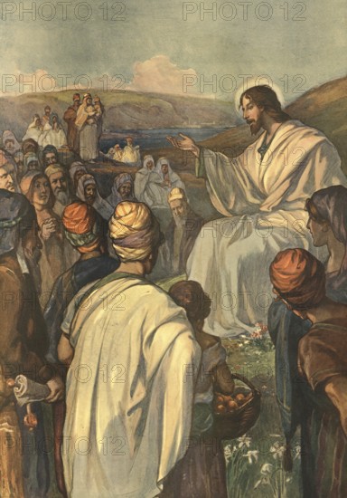 Scene from the biblical story, The Sermon on the Mount, authentic reproduction of a school mural, historical, around 1900, Jesus preaching to a large crowd in a vast, hilly landscape