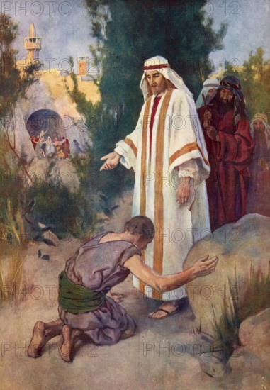 Scene from the biblical story, The story of the ten lepers, lepers, authentic reproduction of a school mural, historical, around 1900, A man kneels humbly in front of a figure dressed in white, surrounded by observers