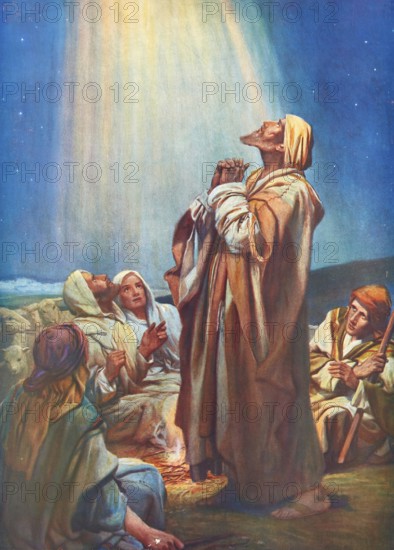 Scene from the biblical story, story of the shepherds in the field describes how angels announce the birth of Jesus Christ to the shepherds, authentic reproduction of a school mural, historical, around 1900, a praying group looks up at a heavenly ray of light at night