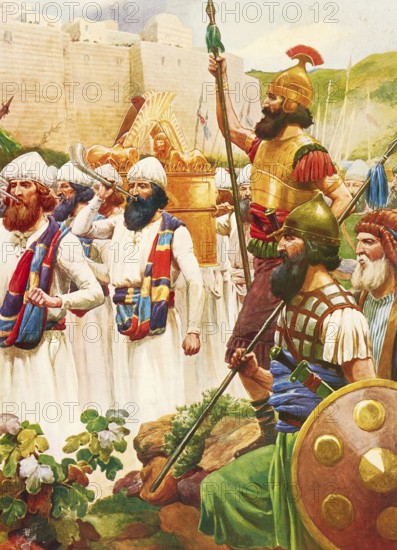 Scene from the biblical story, The Siege of Jericho, central biblical narrative in which the Israelites, led by Joshua, took the heavily fortified city of Jericho by following God's instructions, authentic reproduction of a school mural, historical, around 1900, warriors and priests carry the covenant of the Lord in procession through Jerusalem