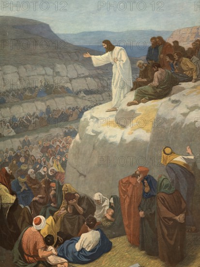 Scene from the biblical story, The Sermon on the Mount, authentic reproduction of a school mural, historical, around 1900, Jesus preaching to a large crowd from a raised rock
