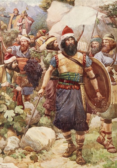Scene from the biblical story, The story of the spies and the grapes of Eshkol, famous event from the Bible, authentic reproduction of a school mural, historical, around 1900, warriors carry large grapes from a vineyard in a mountainous landscape