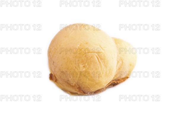 Smoked Mozzarella cheese, with tomatoes and olives isolated on white background, side view, copy space