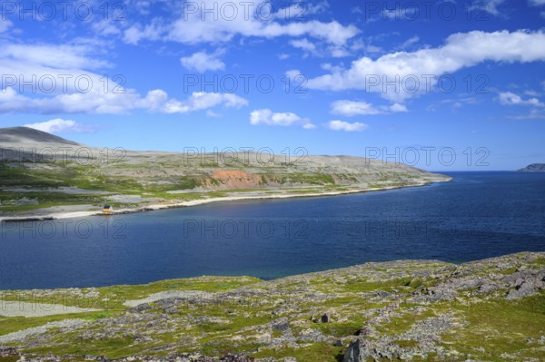 Green meadows on the banks of Syltefjord with clouds in the blue sky, landscape with a lake and green meadows under a cloudy sky, Nordfjord, Båtsfjord, Finnmark, Norway