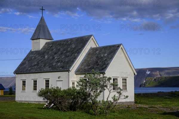 Nordfjord church on Ytre Syltefjord in natural, peaceful surroundings, Nordfjord, Båtsfjord, Finnmark, Norway
