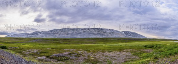 A massive granite rock mountain with bare fells dominates the landscape of the central Varanger Peninsula at Austertanaveien 890 in the foreground, green low fells vegetation wide, quiet landscape, Tana, Finnmark, Norway
