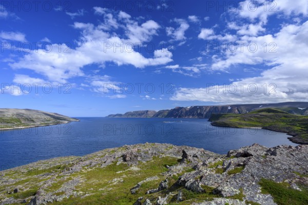 Clear blue sky over rough coastal landscape on Syltefjord with sea, wide landscape with sea and hills under a clear sky, Nordfjord, Båtsfjord, Finnmark, Norway