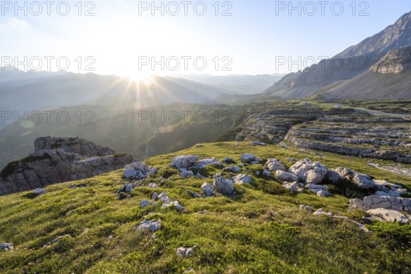 Sunset over the Adamello Group, mountain landscape on the Grosté Plateau, Brenta Mountains, Trentino, Italy