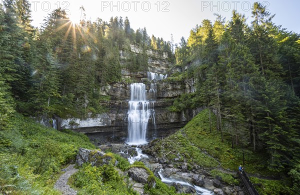 Cascata di Mezzo waterfall, long exposure, sun star, Vallesinella, Brenta, Trentino, Italy