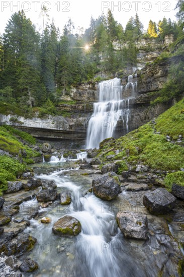 Cascata di Mezzo waterfall, long exposure, sun star, Vallesinella, Brenta, Trentino, Italy