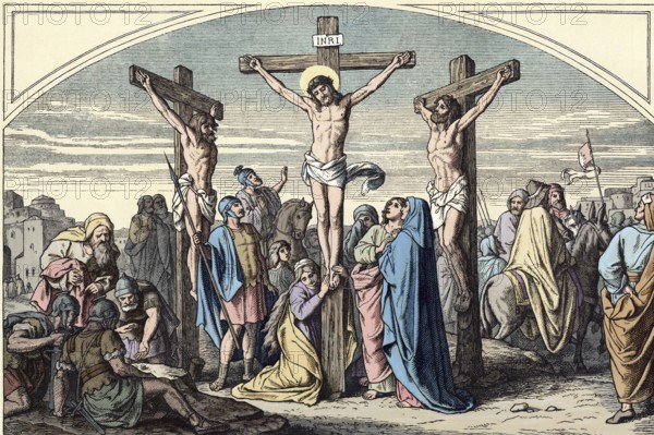 Scene from the biblical story, The Crucifixion of Jesus Christ, authentic reproduction of a school mural, historical, around 1900