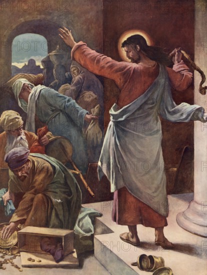 Scene from the biblical story, The Cleansing of the Temple is a biblical story in which Jesus drives the merchants and moneychangers out of the temple in Jerusalem, authentic reproduction of a school mural, historical, around 1900