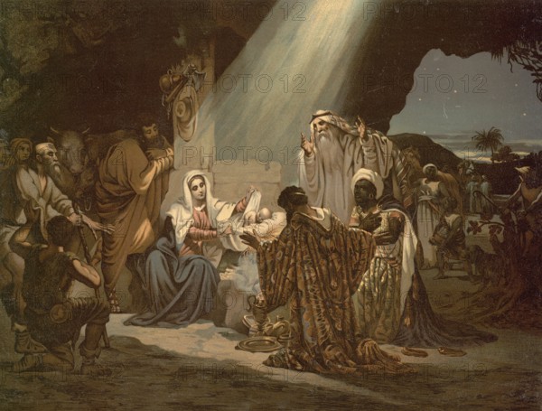 Scene from the biblical story, The Birth of Jesus, authentic reproduction of a school mural, historical, around 1900