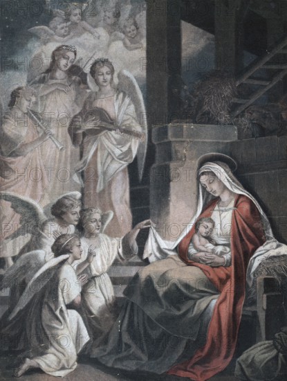 Scene from the biblical story, The Birth of Jesus, authentic reproduction of a school mural, historical, around 1900