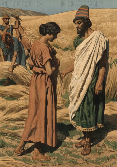 Scene from the biblical story, story of Ruth and Boaz, is about the Moabite widow Ruth, who remains loyal to her mother-in-law Naomi, moves to Bethlehem and regains prosperity and security there through her goodness and Boaz's mercy by marrying Boaz, authentic reproduction of a school mural, historical, around 1900