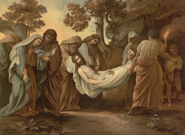 Scene from the biblical story, The Burial of Jesus Christ, authentic reproduction of a school mural, historical, around 1900