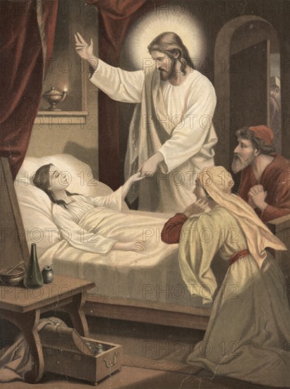 Scene from the biblical story, story of the raising of the daughter of Jairus, authentic reproduction of a school mural, historical, around 1900