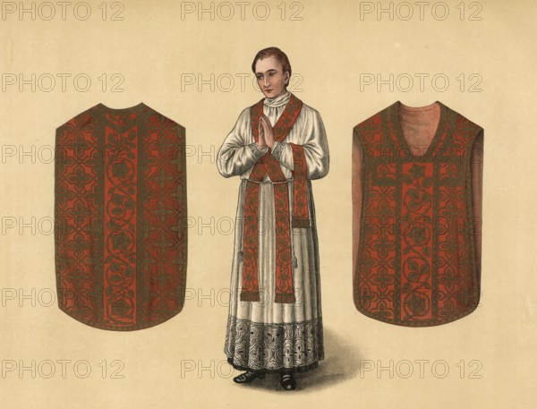 Scene from the biblical story, in the Catholic liturgy, during Holy Mass, the priest wears specific vestments that often have biblical origins or symbolic meanings, authentic reproduction of a school mural, historical, around 1900