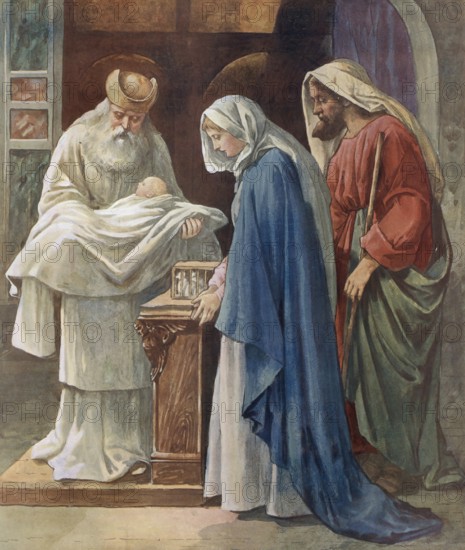 Scene from the biblical story, Joseph and Mary bringing little Jesus to the temple, authentic reproduction of a school mural, historical, around 1900