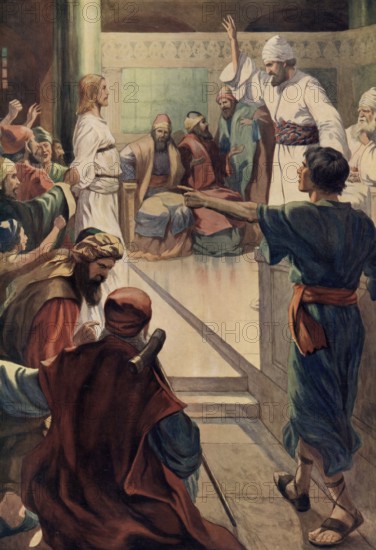 Scene from the biblical story, The Arrest and Trial of Jesus, authentic reproduction of a school mural, historical, around 1900