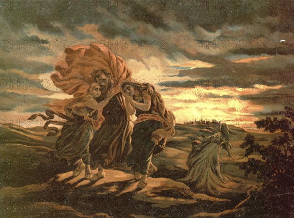 Scene from the biblical story, Sodom and Gomorrah, two biblical cities that were destroyed by God in the Old Testament due to their extreme sinfulness by rain of sulfur and fire, authentic reproduction of a school mural, historical, around 1900