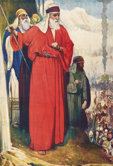 Scene from the biblical story, Hitting the Rocks of Meriba refers to the story in which Moses hits the rock instead of speaking to God to get water for the thirsty people of Israel, authentic reproduction of a school mural, historic, around 1900