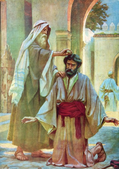 Scene from the biblical story, Saul is anointed by God as the first king of Israel through the prophet Samuel, authentic reproduction of a school mural, historical, around 1900