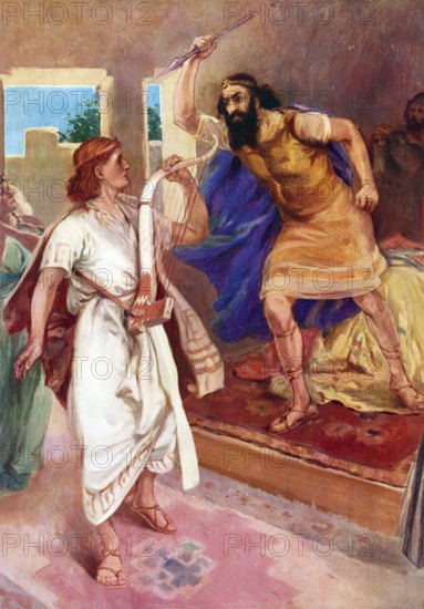 Scene from the biblical story, the conflict between King Saul and David is described in detail in the Bible. Driven by jealousy and suspicion, Saul made numerous attempts to kill David, authentic reproduction of a school mural, historical, around 1900