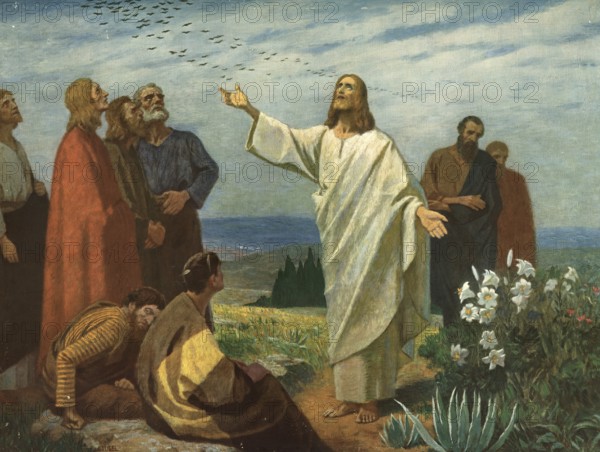 Scene from the biblical story, Jesus says, look at the birds under the sky: They don't sow, they don't harvest, they don't collect in the barns, and yet your heavenly Father feeds them. Look at the lilies in the field as they grow, authentic reproduction of a school mural, historical, around 1900