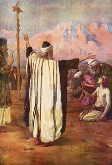 Scene from the biblical story, A story in which God instructed Moses to make a copper snake that the Israelites should look at to be healed after bites of poisonous snakes, authentic reproduction of a school wall painting, historical, around 1900