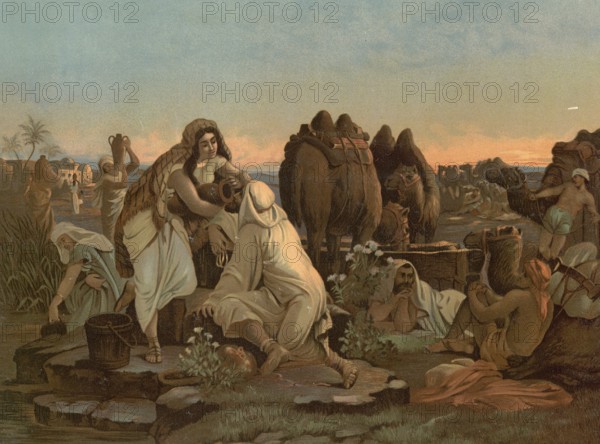 Scene from the biblical story, The story of Rebekah and Eliezer is a central narrative in the Bible, where Abraham's faithful servant Eliezer travels to Mesopotamia to find a woman (Rebekah) for his master Isaac, authentic reproduction of a school mural, historical, around 1900
