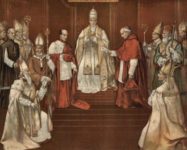 Scene from biblical history, Pope and bishops are central figures of the Catholic Church, authentic reproduction of a school mural, historical, around 1900