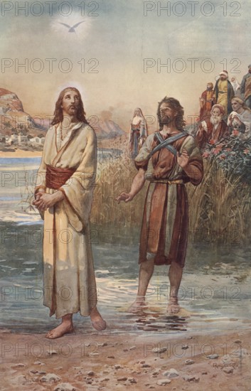 Scene from the biblical story, The Baptism of Jesus in the Jordan, authentic reproduction of a school mural, historical, around 1900