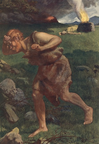 Scene from the biblical story, Cain and Abel, a central story from Genesis, the Bible, in which the farmer Cain kills his brother Abel, a shepherd, out of jealousy, authentic reproduction of a school mural, historical, around 1900