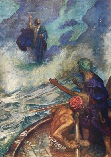 Scene from the biblical story, Christ walking on water or Esus walking across water, a well-known miracle from the Bible, authentic reproduction of a school mural, historical, around 1900
