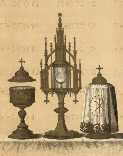 Scene from biblical history, liturgical vessels, chalice, patena, monstrance and veiled chalice, important objects in the Catholic liturgy, authentic reproduction of a school wall painting, historical, around 1900