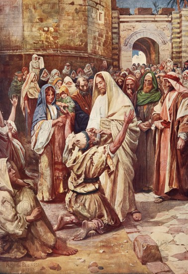 Scene from the biblical story, The story of blind Bartimaeus means that he was a begging, ostracized man whom Jesus heals, authentic reproduction of a school mural, historical, around 1900