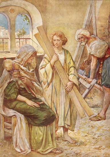 Scene from the biblical story, Jesus as a teenager in Nazareth, authentic reproduction of a school mural, historical, around 1900, religious scene depicting the Holy Family in a room with woodwork, atmospheric, carpenter