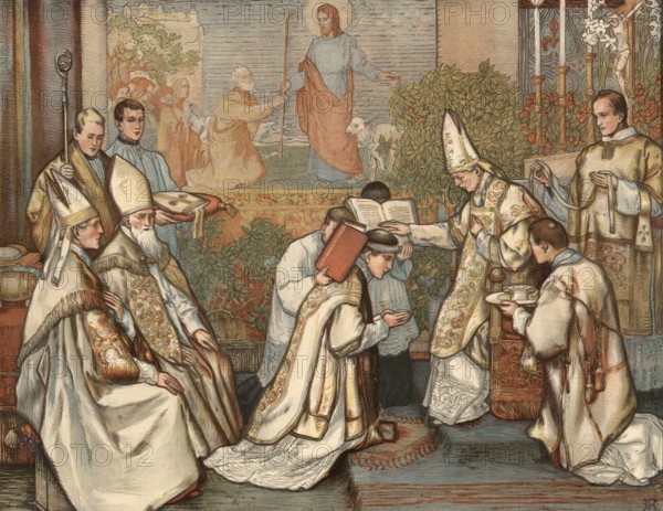 Scene from biblical history, episcopate, an important sacrament in many Christian churches, which depicts admission to the episcopate, through the laying on of hands and prayer for the fullness of the priesthood, authentic reproduction of a school mural, historical, around 1900