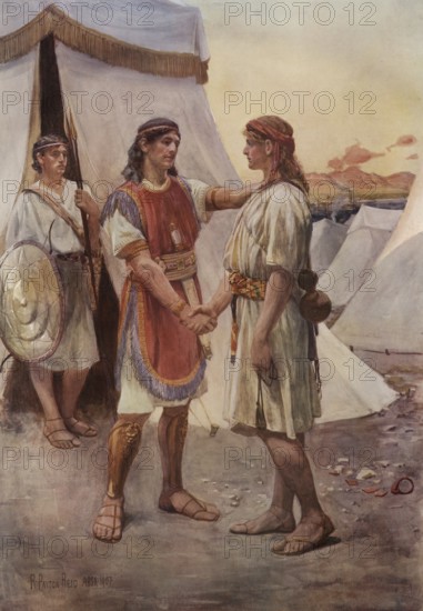 Scene from the biblical story, David and Jonathan were heroes of the Kingdom of Israel, according to the Samuel books of the Hebrew Bible, who made a covenant and took an oath to each other, authentic reproduction of a school mural, historical, around 1900