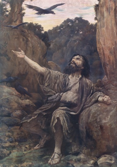 Scene from the biblical story, Elijah and the Raven is found in the Bible in the Old Testament, where God allows Prophet Elijah to be fed by ravens who bring him bread and meat every day while he hides at the Kerit stream, authentic reproduction of a school mural, historical, around 1900