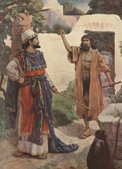Scene from the biblical story, Elias and Ahab at Naboth's vineyard is found in the Bible, where King Ahab demands the vineyard from Naboth, a Jezreelite, who does not want to sell it. Queen Jezebel then has Naboth charged with blasphemy and executed, authentic reproduction of a school mural, historical, around 1900