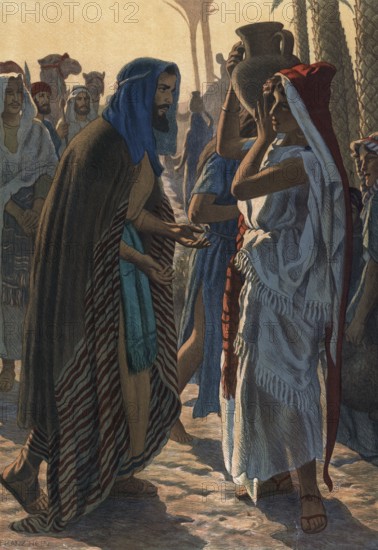 Scene from the biblical story, The story of Eliezer and Rebecca in the Bible is about Abraham's servant who is looking for a woman for his son Isaac in Abraham's home, uses a well as a sign of God, where Rebecca gives him and his camels water, authentic reproduction of a school mural, historical, around 1900